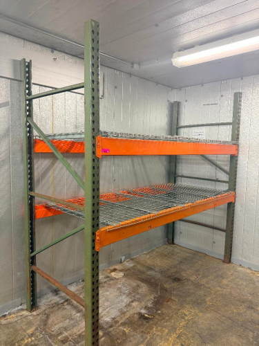(1) 8' X 42" SECTION OF HEAVY-DUTY STEEL PALLET RACKING WITH ORANGE HORIZONTAL LOAD BEAMS, GREEN STEEL UPRIGHTS, AND WIRE DECKING. INCLUDES TWO ELEVATED STORAGE LEVELS WITH REMOVABLE STEEL WIRE DECK PANELS.