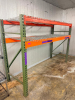 1) 8' X 42" SECTION OF HEAVY-DUTY STEEL PALLET RACKING WITH ORANGE HORIZONTAL LOAD BEAMS, GREEN STEEL UPRIGHTS, AND WIRE DECKING. INCLUDES TWO ELEVATED STORAGE LEVELS WITH REMOVABLE STEEL WIRE DECK PANELS.