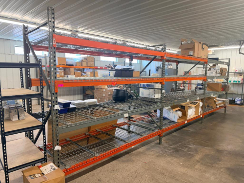 (3) 8' X 42" SECTIONS OF HEAVY-DUTY STEEL PALLET RACKING WITH ORANGE HORIZONTAL LOAD BEAMS, GREEN STEEL UPRIGHTS, AND WIRE DECKING. INCLUDES FOUR STORAGE LEVELS WITH REMOVABLE STEEL WIRE DECK PANELS