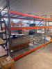 (3) 8' X 42" SECTIONS OF HEAVY-DUTY STEEL PALLET RACKING WITH ORANGE HORIZONTAL LOAD BEAMS, GREEN STEEL UPRIGHTS, AND WIRE DECKING. INCLUDES FOUR STORAGE LEVELS WITH REMOVABLE STEEL WIRE DECK PANELS - 2