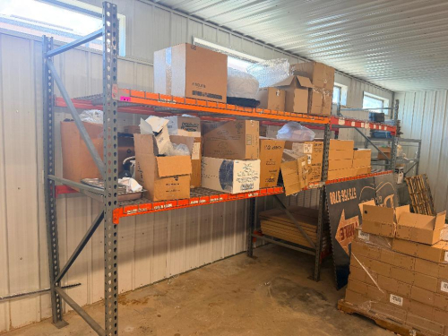 (2) 8' X 42" SECTIONS OF HEAVY-DUTY STEEL PALLET RACKING WITH ORANGE HORIZONTAL LOAD BEAMS, GREEN STEEL UPRIGHTS, AND WIRE DECKING. INCLUDES FOUR STORAGE LEVELS WITH REMOVABLE STEEL WIRE DECK PANELS