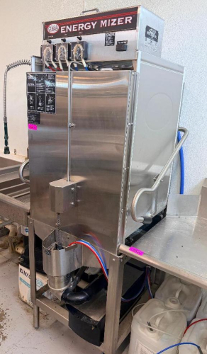 CMA DISH MACHINES HIGH-TEMP PASS-THROUGH DISHWASHER WITH STAINLESS STEEL CONSTRUCTION, LIFT-UP HOOD, INTEGRATED DETERGENT, SANITIZER, AND RINSE CHEMICAL PUMPS, SPRAY SYSTEM, DRAIN ASSEMBLY, AND DISH RACKS.