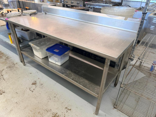72" W X 30" STAINLESS STEEL WORK TABLE WITH FLAT WORK SURFACE, INTEGRAL REAR AND SIDE BACKSPLASH, GALVANIZED TUBULAR LEGS, AND FULL-LENGTH UNDERSHELF