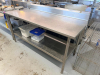 72" W X 30" STAINLESS STEEL WORK TABLE WITH FLAT WORK SURFACE, INTEGRAL REAR AND SIDE BACKSPLASH, GALVANIZED TUBULAR LEGS, AND FULL-LENGTH UNDERSHELF
