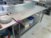 72" W X 30" STAINLESS STEEL WORK TABLE WITH FLAT WORK SURFACE, INTEGRAL REAR AND SIDE BACKSPLASH, GALVANIZED TUBULAR LEGS, AND FULL-LENGTH UNDERSHELF - 2