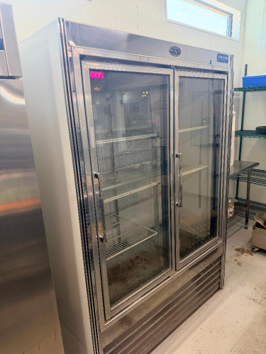 MARC REFRIGERATION MFG. CO. TWO-SECTION REACH-IN REFRIGERATOR WITH TWO GLASS SWING DOORS, STAINLESS STEEL EXTERIOR, INTERIOR WIRE SHELVING, AND TOP-MOUNTED REFRIGERATION SYSTEM.