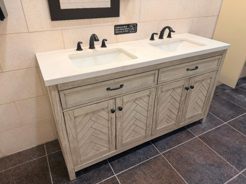 COMPLETE COMMERCIAL RESTROOM FIXTURE PACKAGE INCLUDING DOUBLE-SINK VANITY WITH SOLID SURFACE TOP, TWO INTEGRATED SINK BASINS, TWO FAUCETS, MIRROR, WALL-MOUNTED LIGHT FIXTURE, TWO WALL-MOUNTED URINALS, TWO TOILETS, TOILET/URINAL PARTITIONS, PAPER TOWEL DIS
