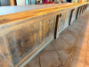 60'X 14' " U " SHAPED CUSTOM-BUILT U-SHAPED COMMERCIAL BAR WITH RUSTIC WOOD CONSTRUCTION, RAISED BAR TOP, LOWER WORK COUNTERS, EXTENSIVE BASE CABINETRY, DRAWERS, STORAGE COMPARTMENTS, DECORATIVE WOOD PANELS, HEAVY TIMBER POSTS, OVERHEAD WOOD BEAM/CANOPY S - 11