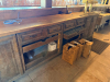 60'X 14' " U " SHAPED CUSTOM-BUILT U-SHAPED COMMERCIAL BAR WITH RUSTIC WOOD CONSTRUCTION, RAISED BAR TOP, LOWER WORK COUNTERS, EXTENSIVE BASE CABINETRY, DRAWERS, STORAGE COMPARTMENTS, DECORATIVE WOOD PANELS, HEAVY TIMBER POSTS, OVERHEAD WOOD BEAM/CANOPY S - 13