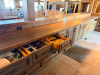 60'X 14' " U " SHAPED CUSTOM-BUILT U-SHAPED COMMERCIAL BAR WITH RUSTIC WOOD CONSTRUCTION, RAISED BAR TOP, LOWER WORK COUNTERS, EXTENSIVE BASE CABINETRY, DRAWERS, STORAGE COMPARTMENTS, DECORATIVE WOOD PANELS, HEAVY TIMBER POSTS, OVERHEAD WOOD BEAM/CANOPY S - 14