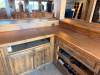 60'X 14' " U " SHAPED CUSTOM-BUILT U-SHAPED COMMERCIAL BAR WITH RUSTIC WOOD CONSTRUCTION, RAISED BAR TOP, LOWER WORK COUNTERS, EXTENSIVE BASE CABINETRY, DRAWERS, STORAGE COMPARTMENTS, DECORATIVE WOOD PANELS, HEAVY TIMBER POSTS, OVERHEAD WOOD BEAM/CANOPY S - 17