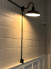 (3) BLACK INDUSTRIAL-STYLE WALL-MOUNT LIGHT FIXTURE WITH ROUND METAL SHADE, CURVED GOOSENECK ARM, WALL-MOUNT BRACKET
