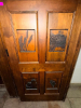 72" WIDE X 80"SOLID WOOD PANEL DOUBLE DOOR WITH DARK STAINED FINISH AND DECORATIVE ROUTED/RAISED PANELS. FEATURES CUSTOM &ldquo;BREWING CO. & DISTILLING&rdquo; GRAPHIC, WHEAT/BARLEY, TRACTOR, BUILDING, AND STATE-SHAPED DECORATIVE DESIGNS INSET INTO THE DOOR. HEAVY-DU - 5