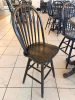 36" ROUND COUNTER-HEIGHT WOOD PEDESTAL TABLE WITH FOUR MATCHING WINDSOR-BACK WOOD CHAIRS. TABLE FEATURES A THICK ROUND TOP, TURNED CENTER PEDESTAL, AND FOUR-FOOT BASE. CHAIRS FEATURE TALL SPINDLE BACKS, SOLID WOOD SEATS, FOOTREST/STRETCHER SUPPORTS, AND D - 2
