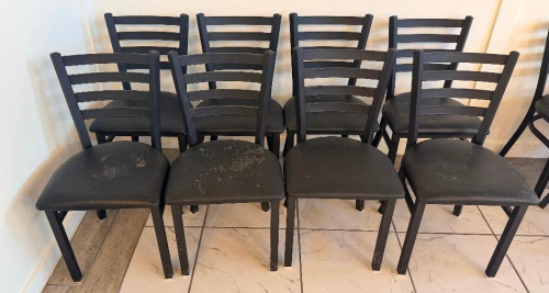 (8) METAL LADDER BACK CHAIRS W/ BLACK VINYL SEAT CUSHIONS