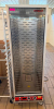 COMMERCIAL FULL-SIZE HEATED PROOFING CABINET WITH STAINLESS STEEL CONSTRUCTION, CLEAR FULL-LENGTH FRONT DOOR, MULTIPLE INTERIOR PAN/RACK SLIDES, DIGITAL TEMPERATURE DISPLAY, ADJUSTABLE HEAT AND HUMIDITY CONTROLS, BLOWER, AND MOBILE CASTER BASE.