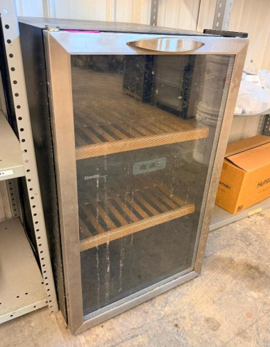 FREESTANDING WINE COOLER / BEVERAGE REFRIGERATOR WITH BLACK CABINET, STAINLESS STEEL FRAMED GLASS DOOR, INTERIOR WOOD SHELVING, AND FRONT DOOR HANDLE