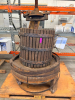 ANTIQUE WOODEN BASKET WINE / FRUIT PRESS WITH VERTICAL WOOD SLAT PRESSING BASKET, HEAVY STEEL BANDS, CAST IRON PRESSING MECHANISM, LARGE THREADED SCREW, WOOD PRESS BLOCKS, AND WOODEN COLLECTION BASE. UNIT SHOWS HEAVY AGE, WEATHERING, SURFACE RUST, WOOD DE - 2
