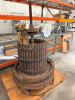 ANTIQUE WOODEN BASKET WINE / FRUIT PRESS WITH VERTICAL WOOD SLAT PRESSING BASKET, HEAVY STEEL BANDS, CAST IRON PRESSING MECHANISM, LARGE THREADED SCREW, WOOD PRESS BLOCKS, AND WOODEN COLLECTION BASE. UNIT SHOWS HEAVY AGE, WEATHERING, SURFACE RUST, WOOD DE - 3
