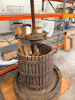 ANTIQUE WOODEN BASKET WINE / FRUIT PRESS WITH VERTICAL WOOD SLAT PRESSING BASKET, HEAVY STEEL BANDS, CAST IRON PRESSING MECHANISM, LARGE THREADED SCREW, WOOD PRESS BLOCKS, AND WOODEN COLLECTION BASE. UNIT SHOWS HEAVY AGE, WEATHERING, SURFACE RUST, WOOD DE - 4