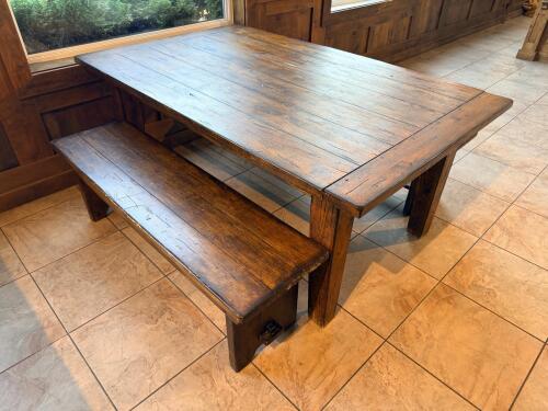 (1) RUSTIC WOOD DINING TABLE WITH BENCHES