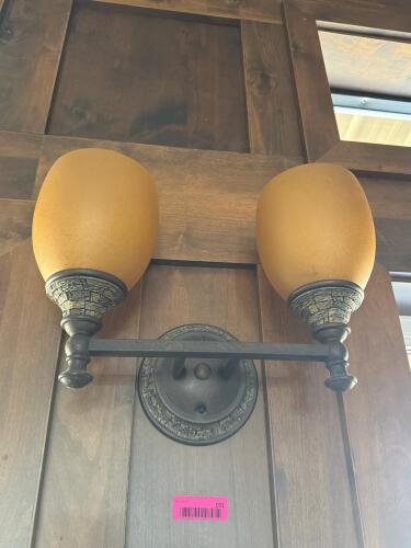 (2) DOUBLE-LIGHT WALL SCONCES WITH AMBER GLASS SHADES