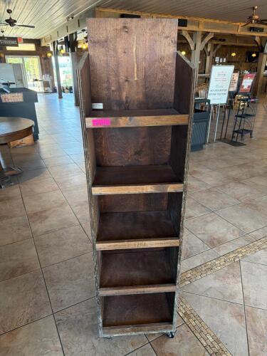 (1) 5-TIER WOOD MOBILE DISPLAY SHELVING UNIT ON WHEELS