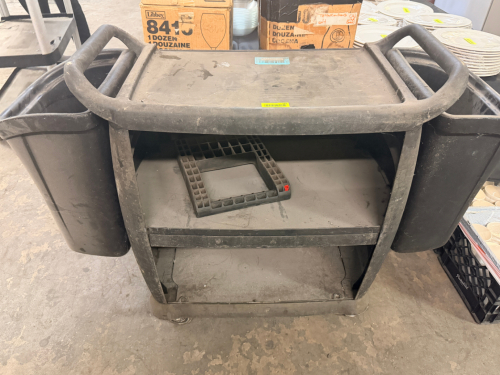 BLACK PLASTIC THREE TIER UTILITY CART.