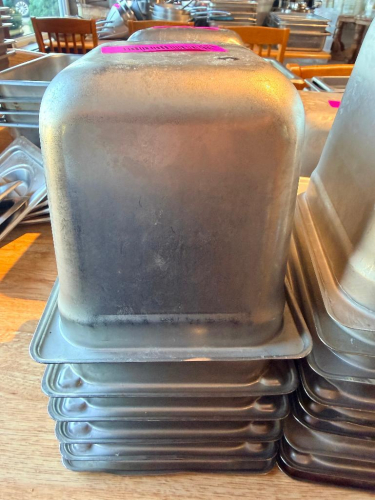 (5) 1/6TH SIZE STAINLESS INSERTS.