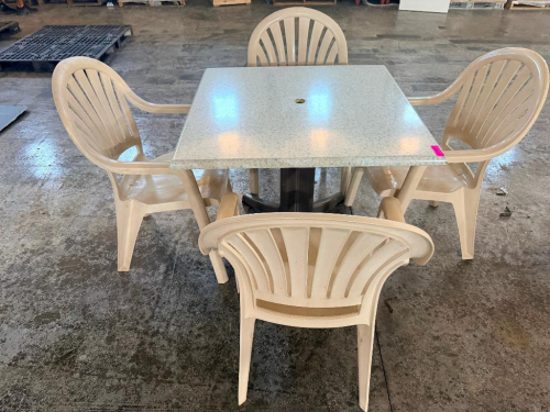 (2) 35" X 35" PLASTIC PATIO TABLE SET W/ (4) STACKING CHAIRS.