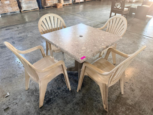 (2) 35" X 35" PLASTIC PATIO TABLE SET W/ (4) STACKING CHAIRS.