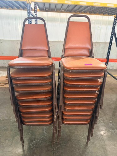 (10) METAL STACK CHAIRS W/ ORANGE VINYL SEATS.