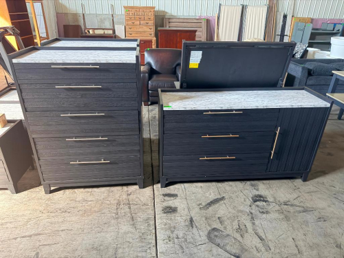 MATCHING BEDROOM FURNITURE SET WITH DARK WOOD FINISH, HORIZONTAL SLAT DETAILING, WHITE MARBLE-LOOK TOPS, AND METAL BAR PULLS. SET INCLUDES FIVE-DRAWER CHEST, THREE-DRAWER DRESSER WITH SIDE CABINET, NIGHTSTAND, VANITY/DESK WITH MIRROR, AND ADDITIONAL MATCH
