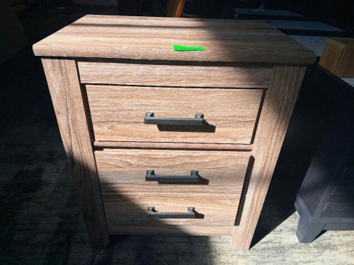 TWO-DRAWER NIGHTSTAND WITH RUSTIC BROWN WOOD-GRAIN FINISH, RECTANGULAR TOP, TWO STORAGE DRAWERS, BLOCK-STYLE LEGS, AND DARK METAL BAR PULLS.