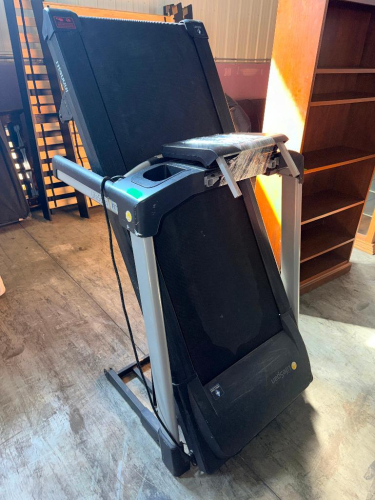 LIFESPAN FIT FOLDING ELECTRIC TREADMILL WITH MOTORIZED WALKING/RUNNING BELT, PADDED HANDRAILS, CUP HOLDER, AND FOLD-UP DECK FOR COMPACT STORAGE.