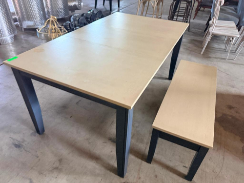 66" X 38" RECTANGULAR EXTENSION DINING TABLE WITH MATCHING BENCH, LIGHT WOOD-GRAIN FINISH TOPS, AND CONTRASTING DARK FINISH LEGS AND APRONS.