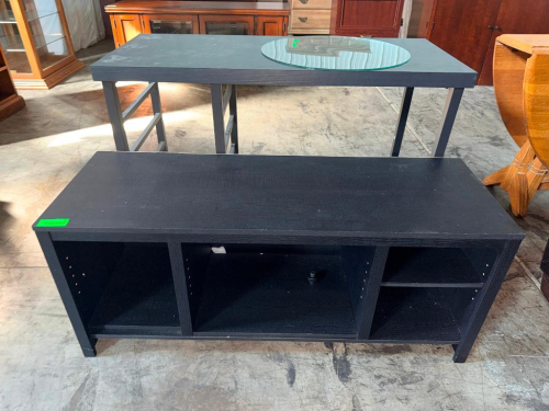 BLACK WOOD-GRAIN MEDIA CONSOLE / ENTERTAINMENT CENTER AND METAL FRAMED ACCENT TABLE.