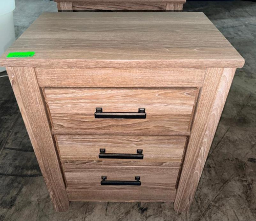 (2) ASHLEY FURNITURE TWO-DRAWER NIGHTSTAND WITH LIGHT BROWN WOOD-GRAIN FINISH, TWO STORAGE DRAWERS, THICK RECTANGULAR TOP, SQUARE SIDE POSTS, AND DARK METAL BAR PULLS.
