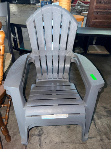 (2) PLASTIC GRAY ADIRONDACK-STYLE OUTDOOR ARMCHAIR WITH WIDE ARMRESTS, CONTOURED SLATTED SEAT, HIGH FAN-SHAPED SLATTED BACK, AND MOLDED WEATHER-RESISTANT CONSTRUCTION