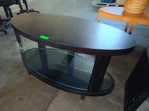 45" DARK FINISH OVAL CONSOLE/SOFA TABLE WITH SOLID TOP, LOWER OVAL GLASS SHELF, FOUR SUPPORT LEGS,
