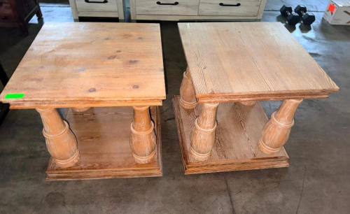 (2) MATCHING WOOD END TABLES WITH SQUARE TOPS, LOWER SHELVES, HEAVY TURNED COLUMN SUPPORTS, AND NATURAL/LIGHT WOOD FINISH
