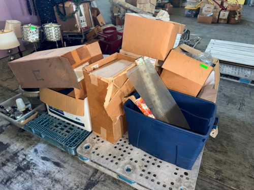 LARGE ASSORTED LOT OF PARTY, EVENT, AND DECORATING SUPPLIES INCLUDING CARDBOARD BOXES, PLASTIC STORAGE TOTES, SERVING AND DECORATIVE ITEMS, ROLLED MATERIALS, SMALL HARDWARE, AND MISCELLANEOUS ACCESSORIES.