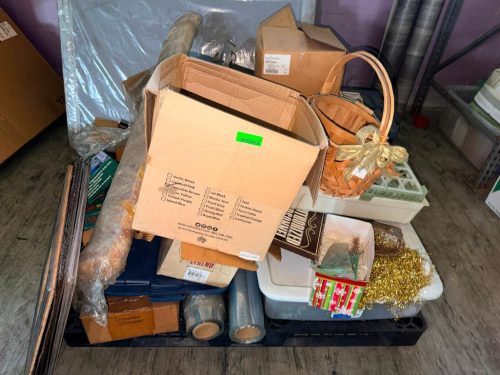 LARGE ASSORTED LOT OF FLORAL, CRAFT, GIFT WRAPPING, AND DECORATING SUPPLIES INCLUDING RIBBON, BOWS, BASKETS, CELLOPHANE/WRAPPING MATERIAL, TINSEL, BOXES, PLASTIC BINS, FLORAL ACCESSORIES, AND OTHER MISCELLANEOUS MATERIALS. INCLUDES PALLET AND CONTENTS SHO