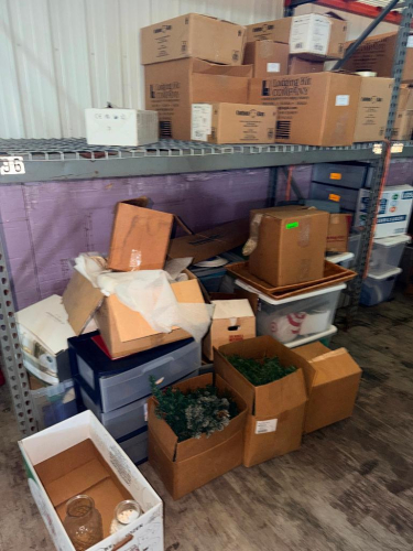 (1) LARGE LOT OF MISC. - ASSORTED PARTY SUPPLIES, HOUSEHOLD ITEMS, STORAGE TOTES, PLASTIC BINS, BOXED SUPPLIES, CUP LIDS, LINENS, DECORATIONS, AND MISCELLANEOUS CONTENTS.
