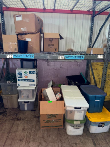 (1) LARGE LOT OF MISC. - ASSORTED PARTY SUPPLIES, HOUSEHOLD ITEMS, STORAGE TOTES, PLASTIC BINS, BOXED SUPPLIES, CUP LIDS, LINENS, DECORATIONS, AND MISCELLANEOUS CONTENTS.