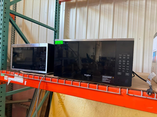 (2) COUNTERTOP MICROWAVE OVENS INCLUDING (1) WHIRLPOOL BLACK MICROWAVE WITH DIGITAL TOUCH CONTROLS AND (1) GE STAINLESS STEEL / BLACK MICROWAVE WITH DIGITAL TOUCH CONTROLS.