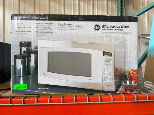 GE 2.2 CU. FT. COUNTERTOP MICROWAVE OVEN WITH STAINLESS-LOOK EXTERIOR, DIGITAL CONTROL PANEL, SENSOR COOKING CONTROLS, WARM AND SOFTEN OPTIONS, AUTO AND TIME DEFROST, AND INVERTER TECHNOLOGY