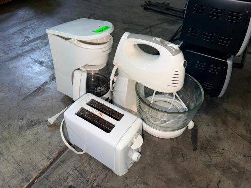 (3) SMALL KITCHEN APPLIANCES INCLUDING DRIP COFFEE MAKER WITH GLASS CARAFE, 2-SLICE TOASTER, AND ELECTRIC HAND/STAND MIXER WITH GLASS MIXING BOWL