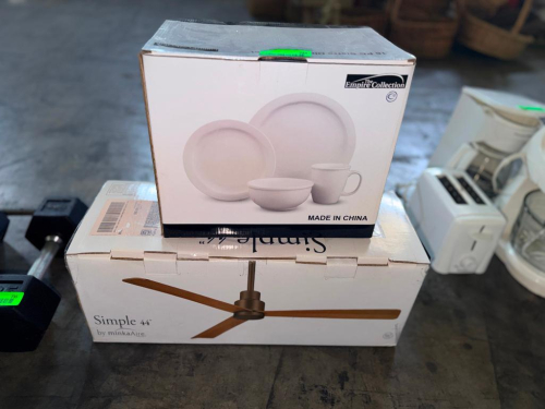 (1) MINKA-AIRE SIMPLE 44" CEILING FAN AND (1) THE EMPIRE COLLECTION DINNERWARE SET, BOTH IN ORIGINAL BOXES. CEILING FAN FEATURES THREE-BLADE MODERN DESIGN WITH BRONZE-TONE FINISH. DINNERWARE SET FEATURES WHITE DISHWARE INCLUDING PLATES, BOWLS, AND MUGS