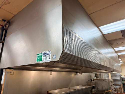 COMMERCIAL STAINLESS STEEL KITCHEN EXHAUST HOOD SYSTEM CONSISTING OF (2) 10' HOOD SECTIONS AND (1) 7' HOOD SECTION, APPROXIMATELY 27 TOTAL LINEAR FEET. SYSTEM INCLUDES STAINLESS STEEL HOOD SECTIONS WITH GREASE FILTER BANKS, BUILT-IN LIGHTING, MAKE-UP AIR,